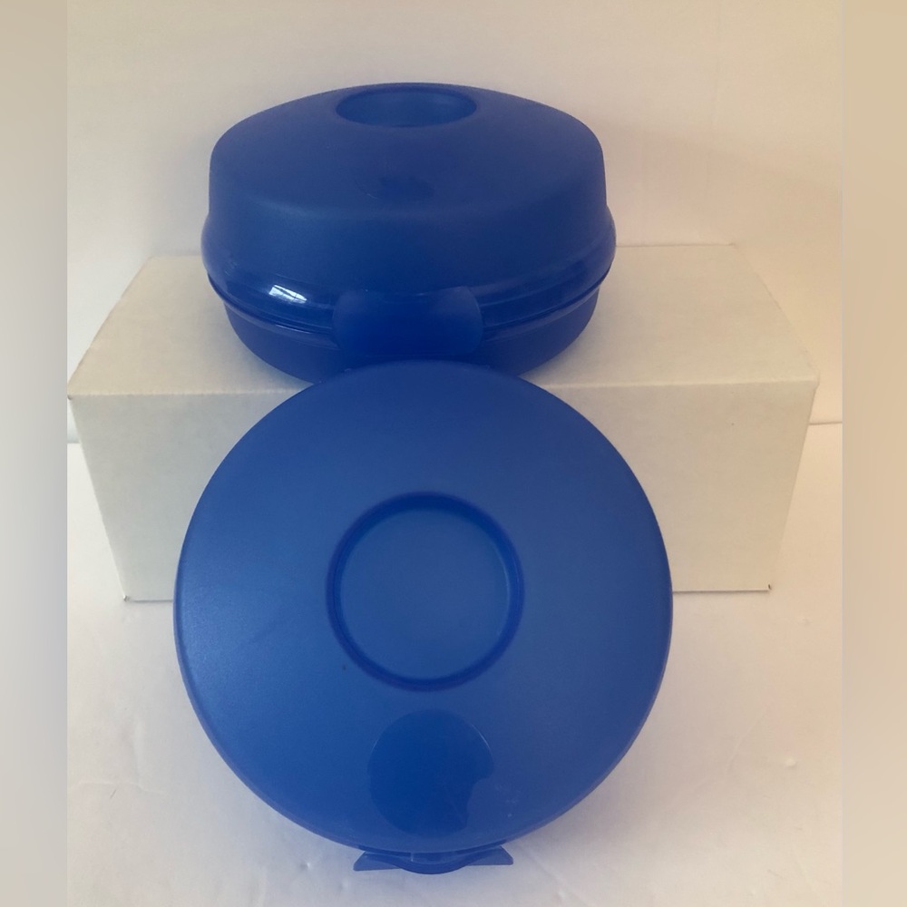 Tupperware Hinged Round Sandwich Bagel Salad Hamburger Keepers Set of 2 Blue